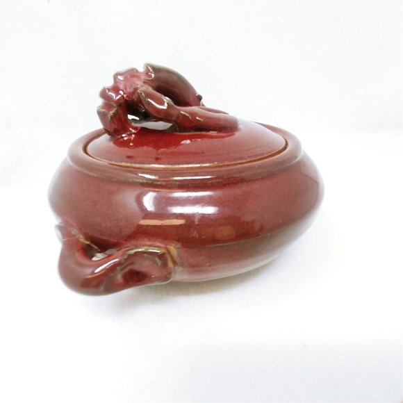 Bowl Serving Bowl Lobster Lid Glazed Pottery Burgundy Vintage Kitchen Decor - Picture 3 of 10